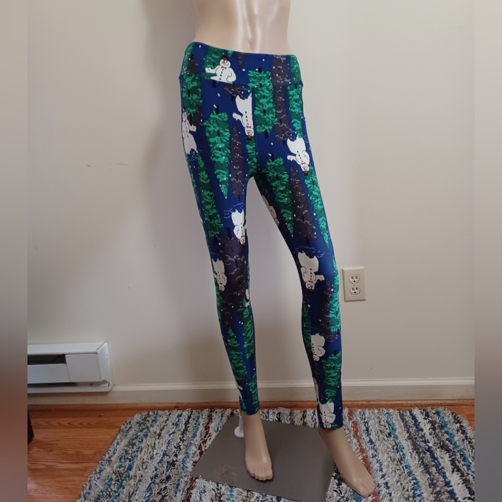 🤍 EUC LulaRoe Women Christmas Snowmen Vintage Blue Leggings OS